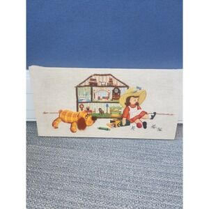 Vtg. Completed Crewel Embroidery  Childhood Treasures Girl Dollhouse Dog Crayons